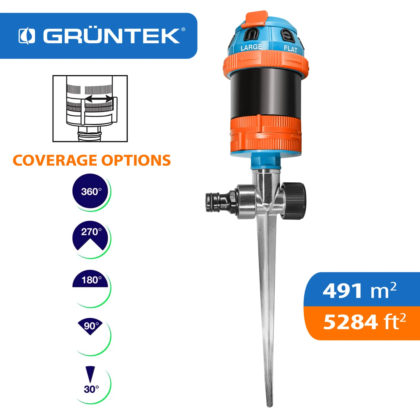GRÜNTEK 6-facher Multifunktions-Kreisregner. Großflächiger optimale Gartenbewässerung Regner mit Sektoreinstellung 30°- 360° und Bewässerungsradius 12,5 m