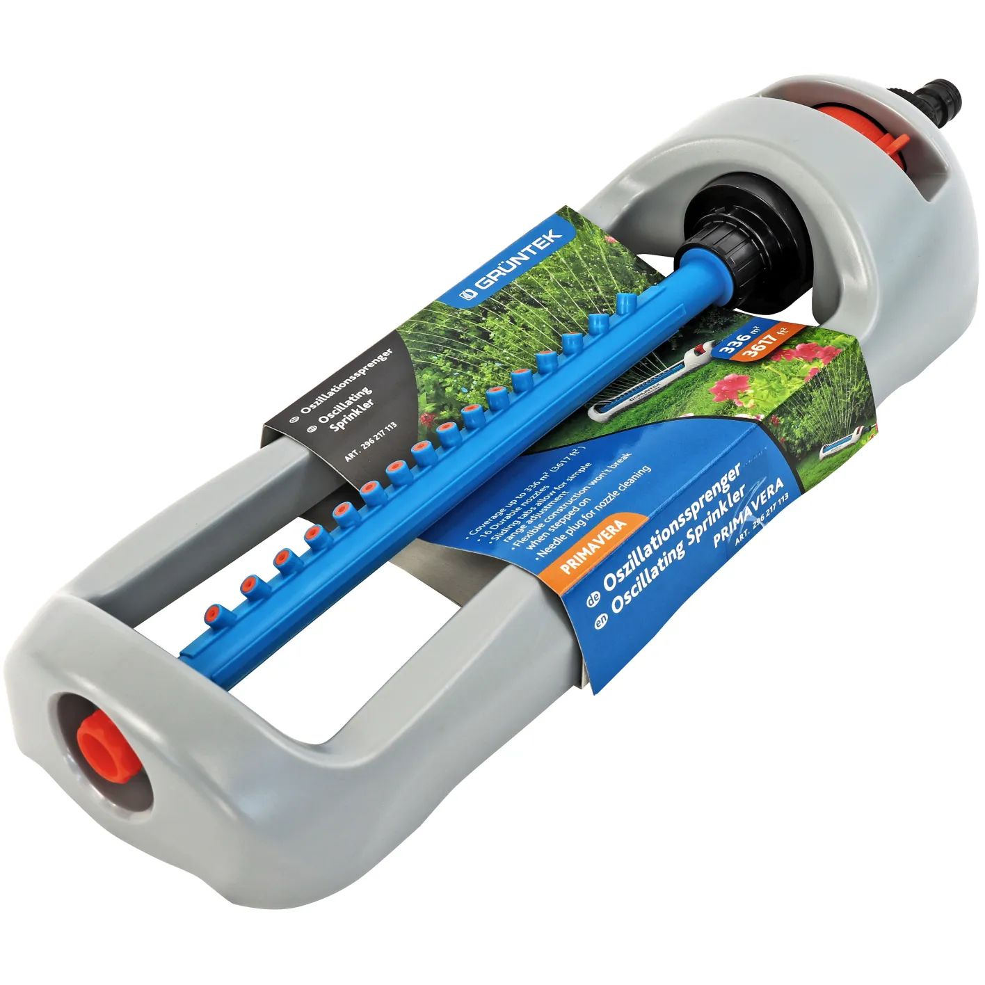 GRÜNTEK Oszillationssprenger Primavera Rasensprenger für mittelgroße Rasenflächen mit Turbo-Motor und mit Variabler Breite