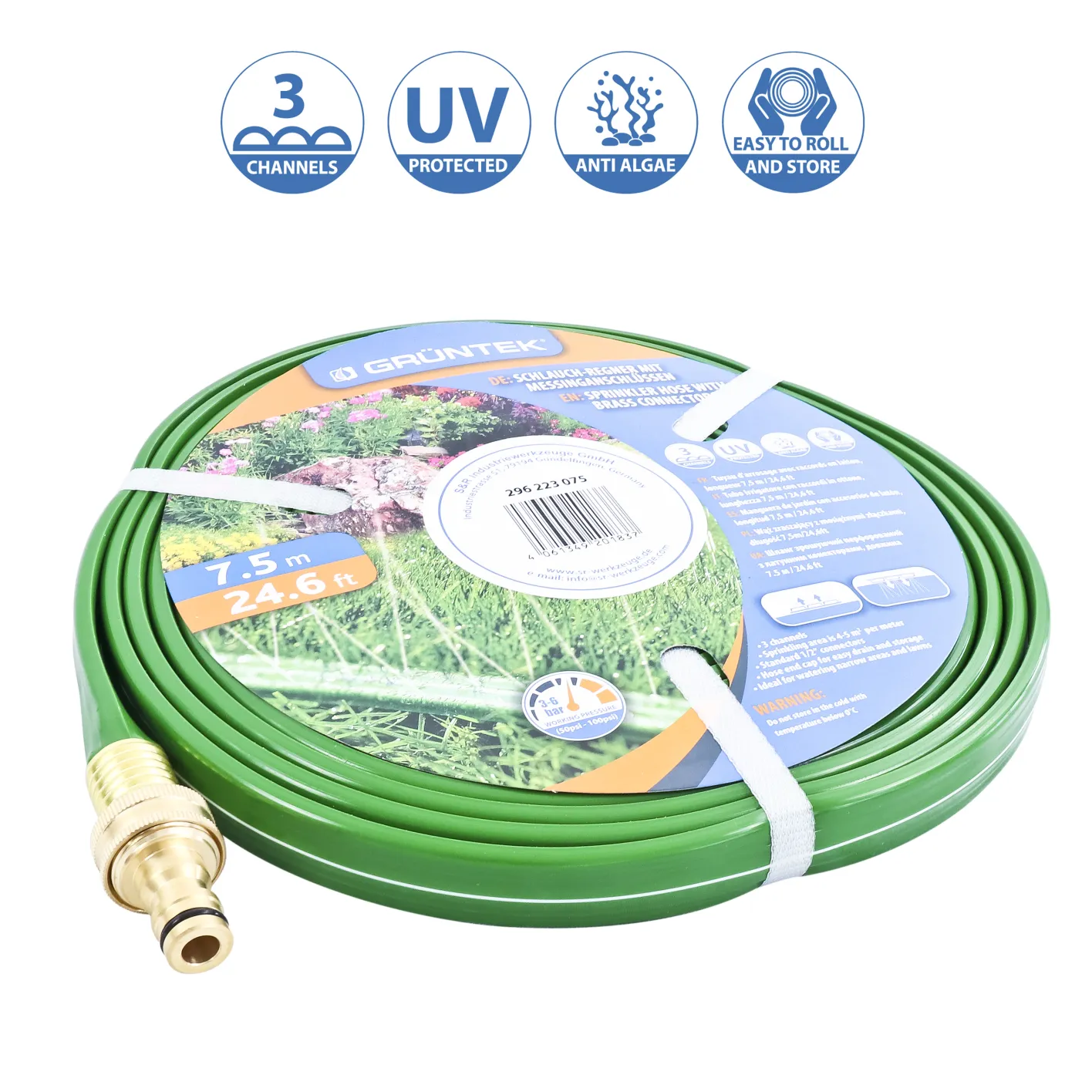 GRÜNTEK Schlauch-Regner, Sprühschlauch, Rasensprenger Gartenschlauch 7,5 m, Beregnungsfläche 4-5 m², Länge flexibel erweiterbar, Bewässerungsschlauch/Sprühregner mit Verbindungsstück aus Messing