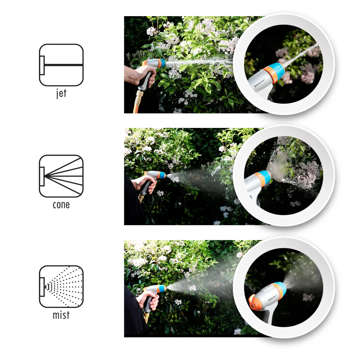 GRÜNTEK verstellbare Spritzpistole mit 3 Düsen, Garten-Spritze, Metall Gartenbrause. Einstellbare Handbrause für Garten, Autowaschen und Zuhause, stoßfest und leichtgewichtig