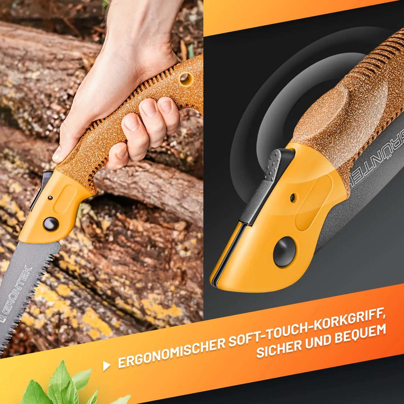 GRÜNTEK ZANDER Klappsäge, gehärtetes Carbonstahl Sägeblatt 180mm, rutschfester Korkgriff, TEFLON-beschichtete Klinge mit 4 Positionen, ideale Outdoor Campingsäge Taschensäge Pocketsäge Astsäge