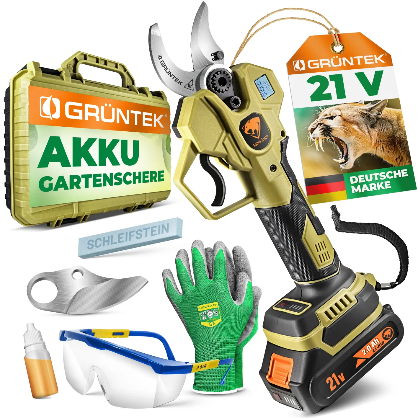 GRÜNTEK Akku-Astschere, Hauptbild mit abgebildeter Akku-Schere, dem Koffer sowie komplettem mitgeliefertem Zubehör-Set