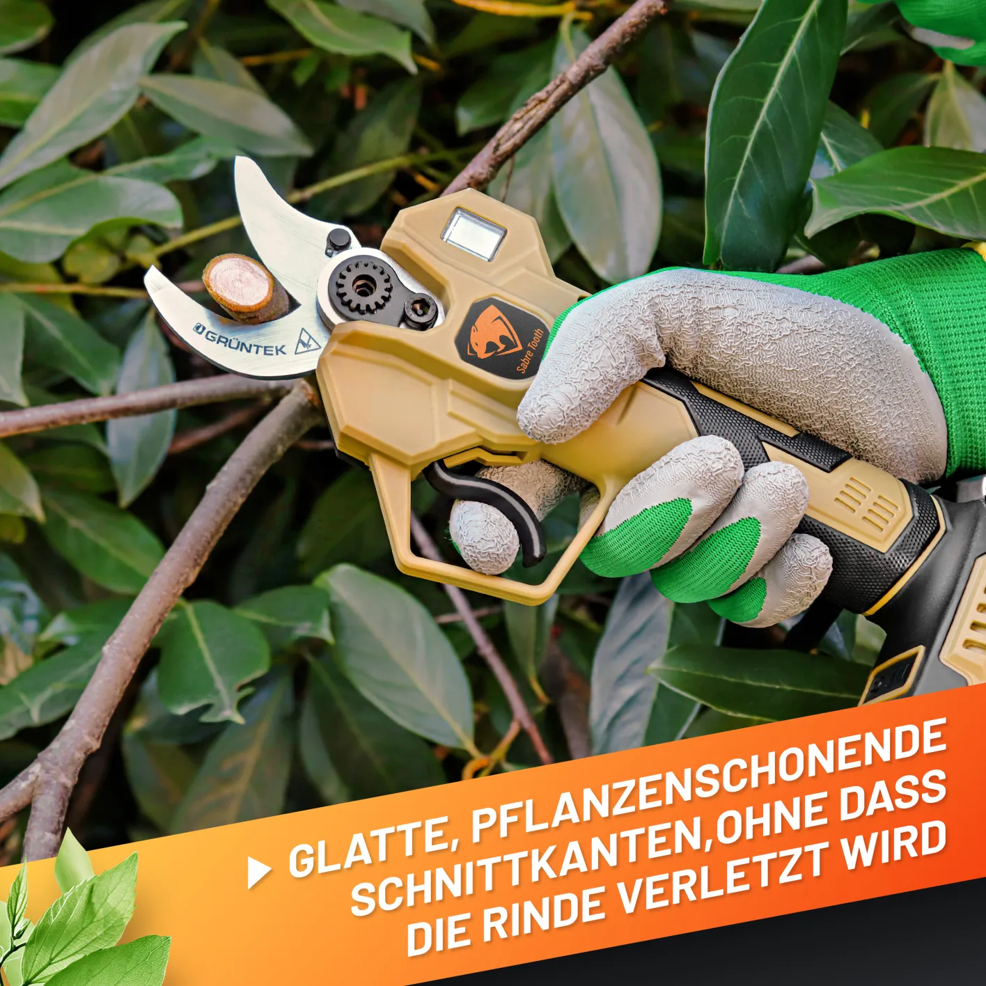 GRÜNTEK Akku-Astschere, Bild zeigt eine glatte, pflanzenschonende Schnittkante eines Astes und die gehaltene Akku-Schere