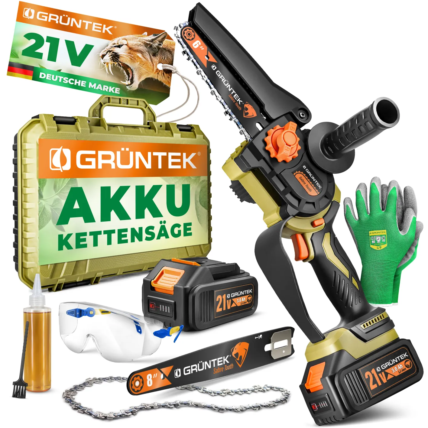 GRÜNTEK Akku-Kettensäge, Hauptbild mit sichtbarem Zubehör-Set