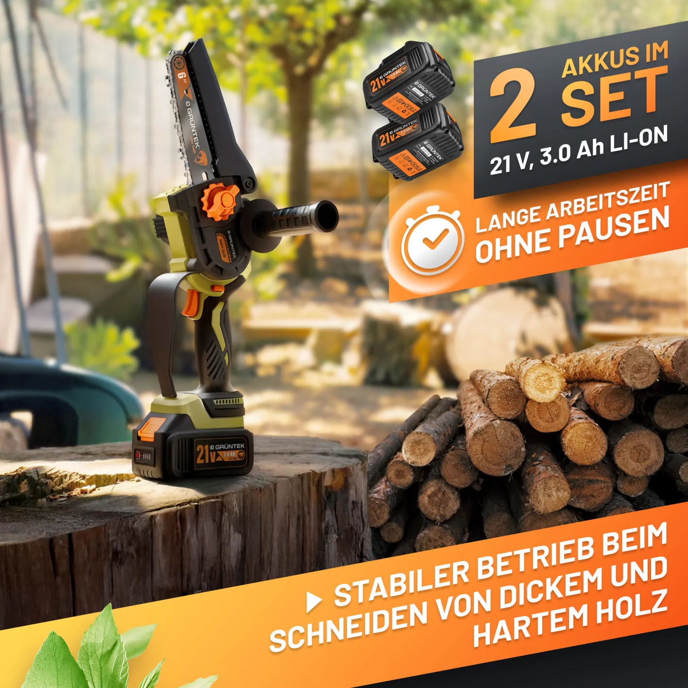 GRÜNTEK Akku-Kettensäge, Bild mit Beschreibung der beiden im Set enthaltenen 3.0 Amperestunden Akku-Packs