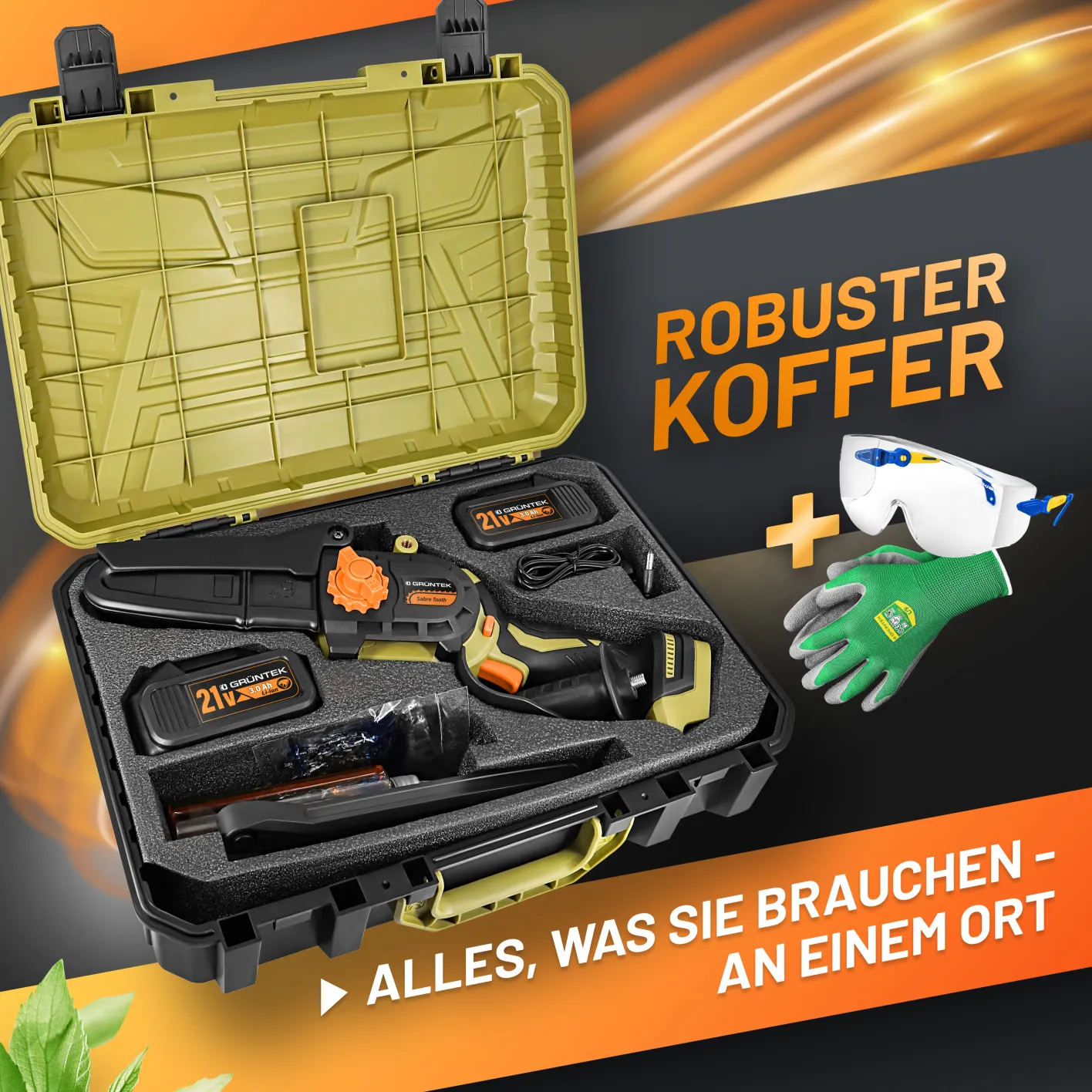 GRÜNTEK Akku-Kettensäge, Bild auf dem der offene Koffer mit dem gesamtem Lieferumfang des Sets zu sehen ist