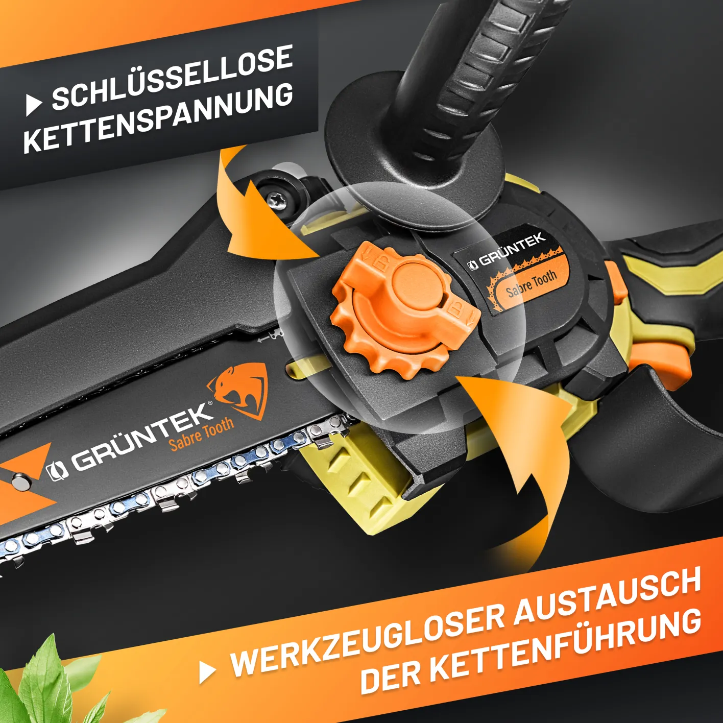 GRÜNTEK Akku-Kettensäge, Bild auf dem die Möglichkeit des werkzeuglose Wechsels der Kette und der Kettenführung genannt wird