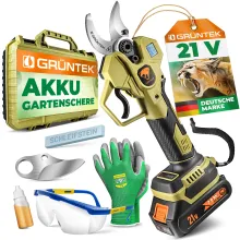 GRÜNTEK Akku-Astschere, Hauptbild mit abgebildeter Akku-Schere, dem Koffer sowie komplettem mitgeliefertem Zubehör-Set
