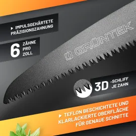 GRÜNTEK ZANDER Klappsäge, gehärtetes Carbonstahl Sägeblatt 180mm, rutschfester Korkgriff, TEFLON-beschichtete Klinge mit 4 Positionen, ideale Outdoor Campingsäge Taschensäge Pocketsäge Astsäge