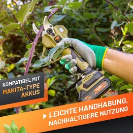 GRÜNTEK Akku-Astschere, Bild zeigt einen Brombeerzweig und die gehaltene Schere kurz vor dem Schnitt mit Bezugnahme auf die Kompatibilität zu Akkus der Marke Makita