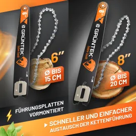 GRÜNTEK Akku-Kettensäge, Bild mit Beschreibung der mitgelieferten 6 und 8 Zoll Ketten und Schwerter