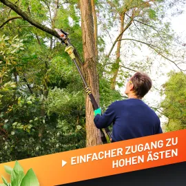 GRÜNTEK Teleskop-Verlängerung, Arbeitsbild zeigt einen Mann von hinten beim Sägen eines hochliegenden Astes mit der GRÜNTEK Akku-Astsäge und Verlängerung